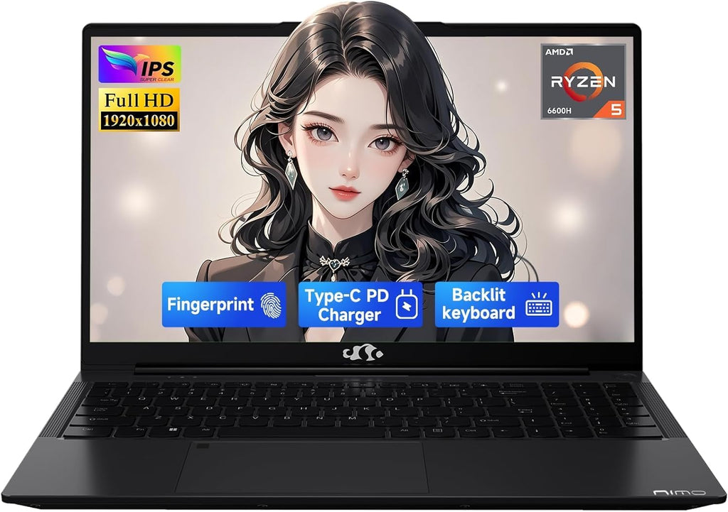 NIMO 15.6' IPS FHD-Gaming-Laptop,AMD Ryzen 5 6600H 16GB DDR5 RAM 512GB SSD (Beat i5-1335U, 6 Cores Up to 4.5GHz) AMD Radeon 660M GPU-Computer with 100W Type-C Backlit Keyboard Fingerprint