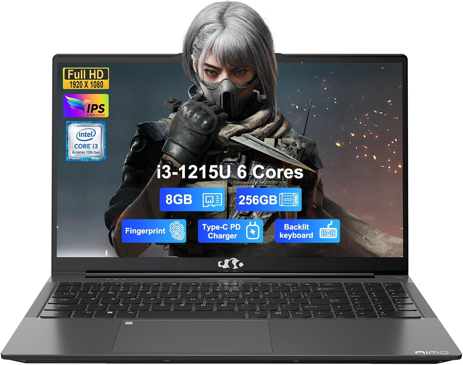 NIMO 15.6' IPS FHD-Student-Laptop, Intel 6 Cores I3-1215U 8GB RAM 256GB SSD (Beats i5-1135G7, Up to 4.4GHz) Computer with 65W Type C Backlit Keyboard Fingerprint, for Home and Business, Gray