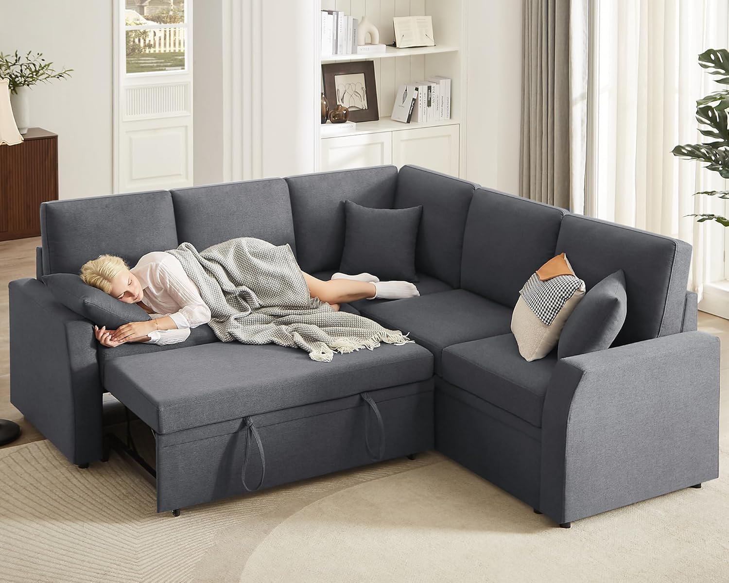 VanAcc Sofa Bed, 85 Inch Sleeper Couch with Storage Seat, L Shaped Sofa with Pull Out Sofa Bed, Sectional Couches for Living Room Apartment, Grey Linen Couch Sofa
