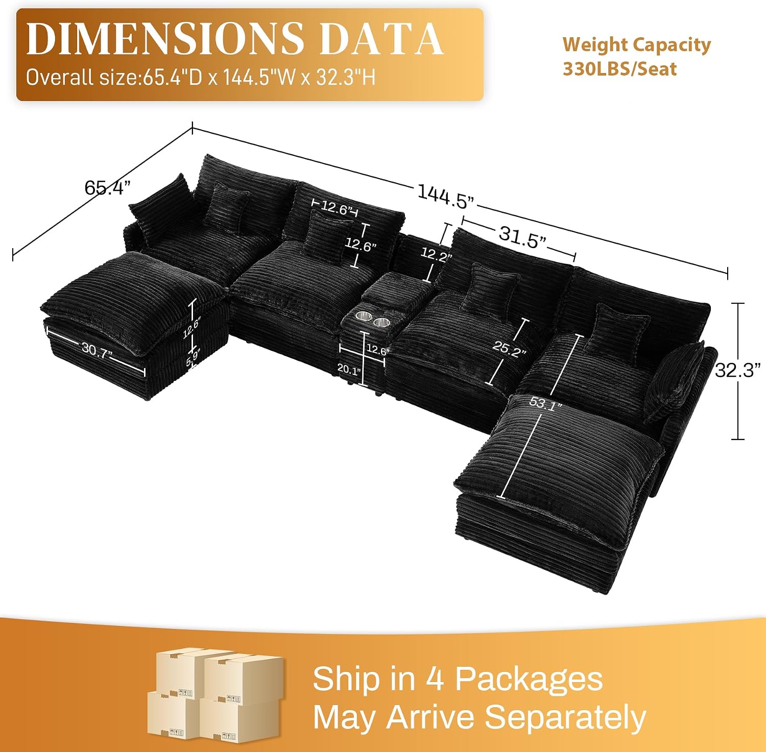 HYJT-H&K 145' U Shaped Cloud Couch Modular Dark Black Sectional Couches for Living Room, Comfy Fluffy Corduroy Oversized Cloud Sectional Couch Large 6 Seat Sectionals Sofa Set Central Console USB Port