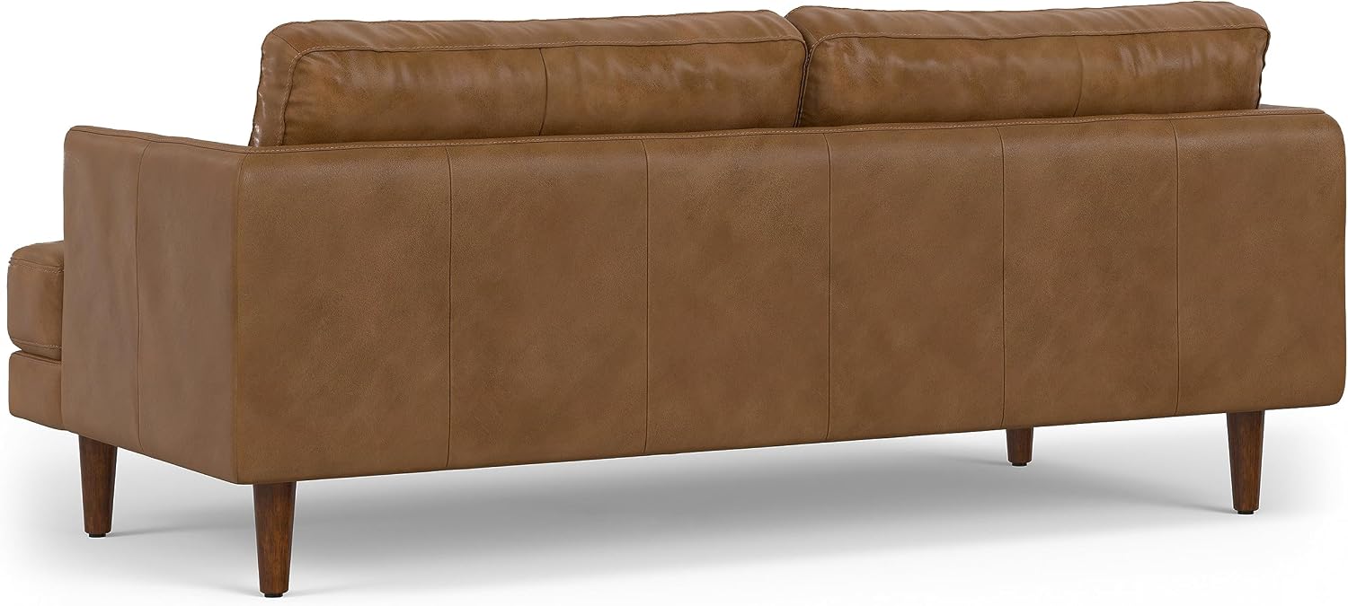 SIMPLIHOME Livingston Sofa - 76' Wide x 33' High Top Grain Genuine Leather Sofa in Caramel Brown, Mid-Century Modern Loveseat with Removable Feather-Wrapped Cushions and Solid Wood Frame
