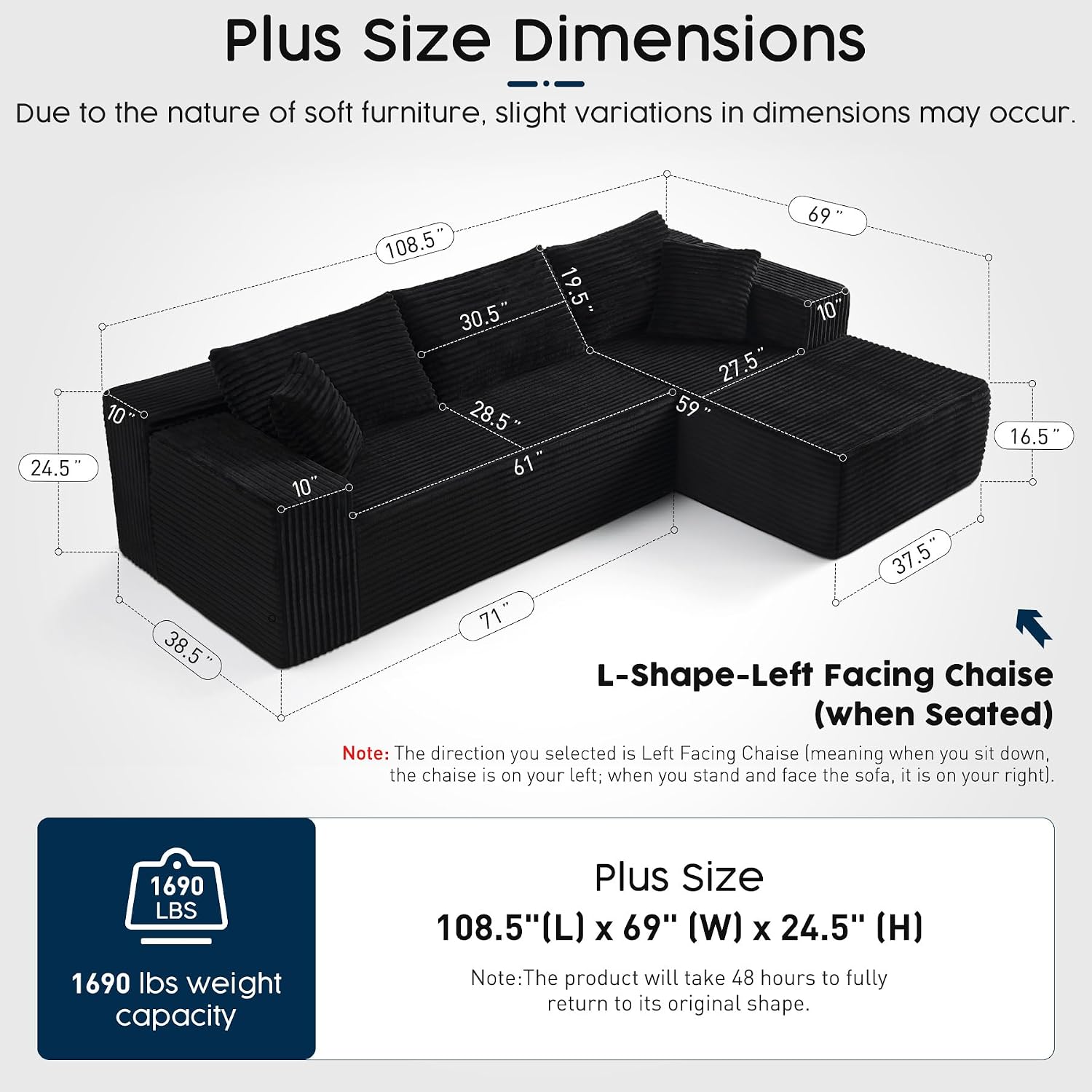 Black Sectional Couch for Living Room - 108' Modular Cloud Sofa with Chaise, Ultra Soft Corduroy L-Shaped Large Couches, Boneless Deep Seat Sectional Couch, No Assembly Required (Left Facing Chaise)