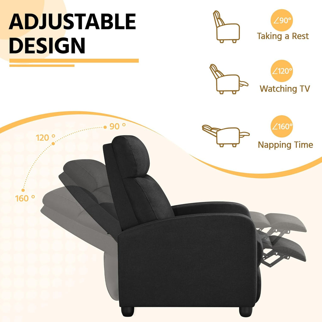 Yaheetech Recliner Chair Fabric Recliner Sofa Home Theater Seating with Lumbar Support Overstuffed High-Density Foam & Pocket Springs, Push Back Recliners Armchair for Living Room, Black