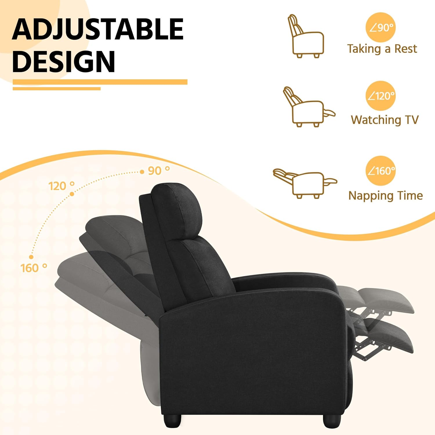 Yaheetech Recliner Chair Fabric Recliner Sofa Home Theater Seating with Lumbar Support Overstuffed High-Density Foam & Pocket Springs, Push Back Recliners Armchair for Living Room, Black