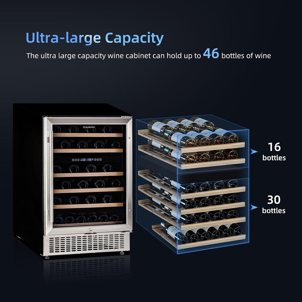 magictec Wine Fridge Under Counter 24 inch,46 Bottles,Dual Zone Wine cooler refrigerators Free Standing, Built-In Wine Fridge with Lock,Stainless Steel Handle,For Home Office Bar