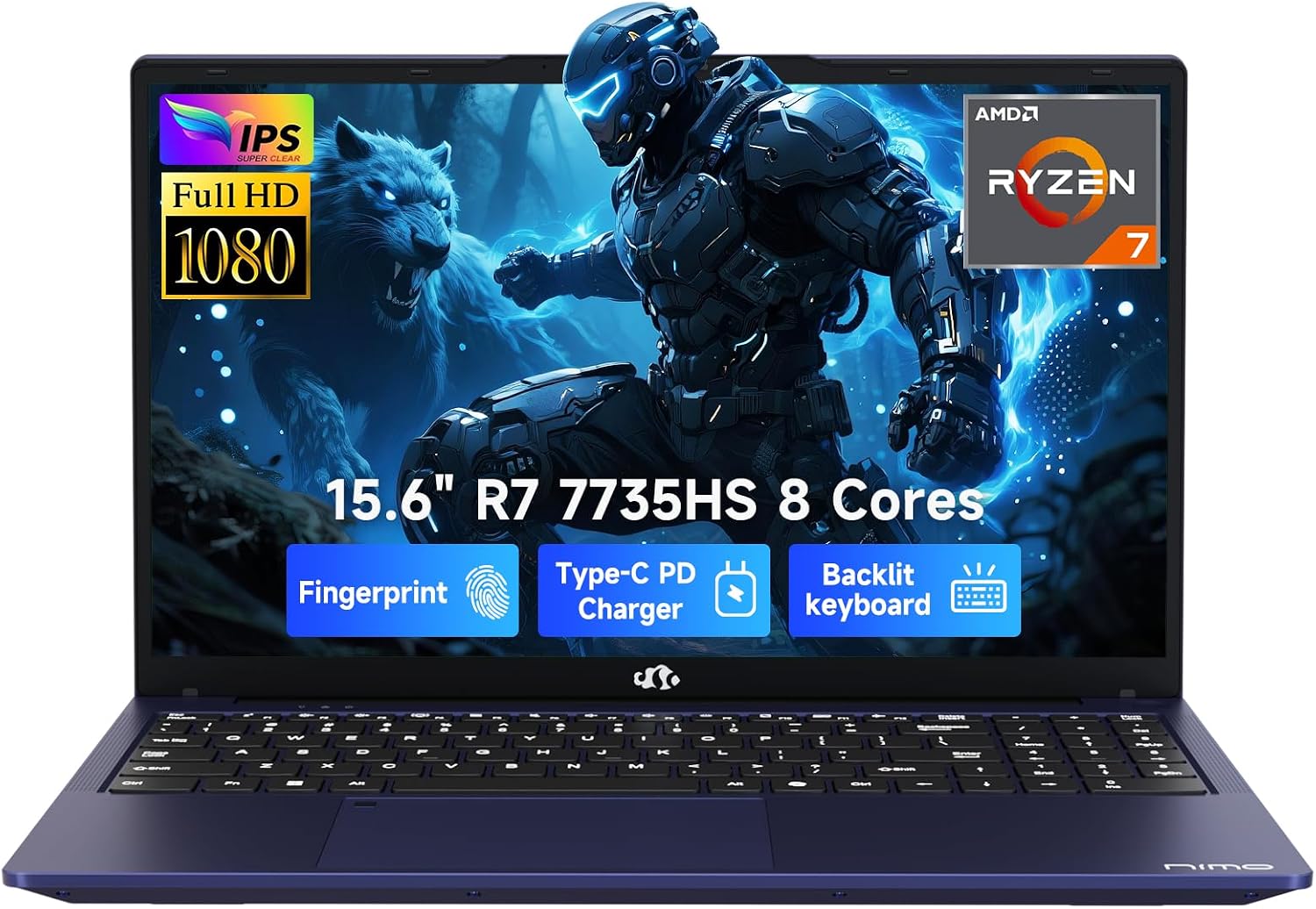 NIMO 2025 Gaming Laptop, 15.6' FHD Laptop with AMD R7 7735HS (8C/16T, Up to 4.75GHz), 16GB DDR5 RAM 1TB SSD Computer with Radeon 680M 100W Type-C Backlit KB Fingerprint