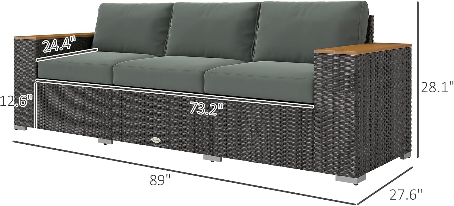 Outsunny 3-Seat Outdoor Patio Sofa with 24.5' Extra Wide Deep Seats, PE Wicker Sofa with Wide Wood Effect Armrests and 4' Cushions, Rattan Outdoor Couch for Porch, Garden, Poolside, Dark Gray