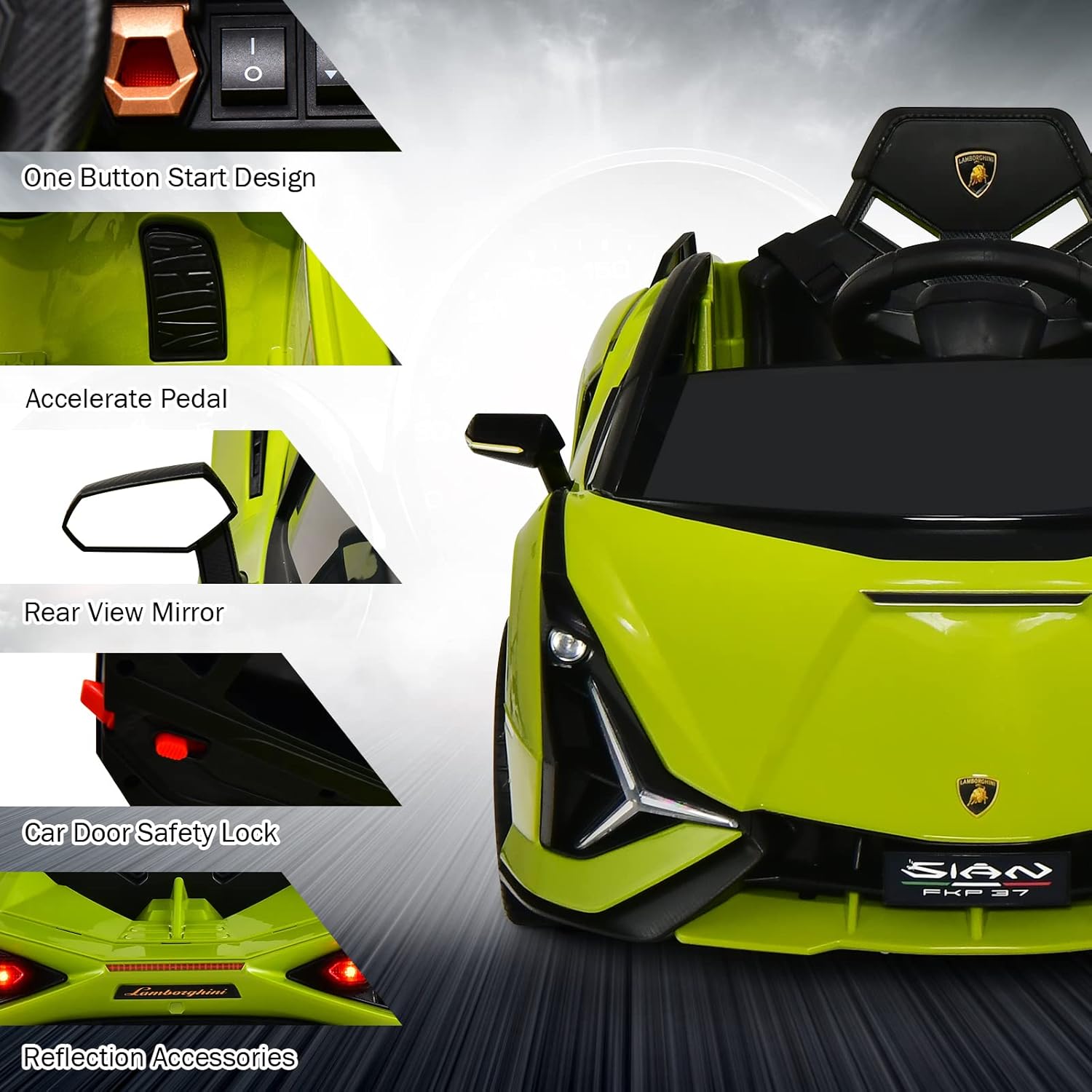 INFANS 12V Licensed Lamborghini Sian Kids Ride On Car with Parent Remote Control, Spring Suspension, MP3 Player, Electric Toy Roadster Carbon Fiber Textured for Toddler (Green)