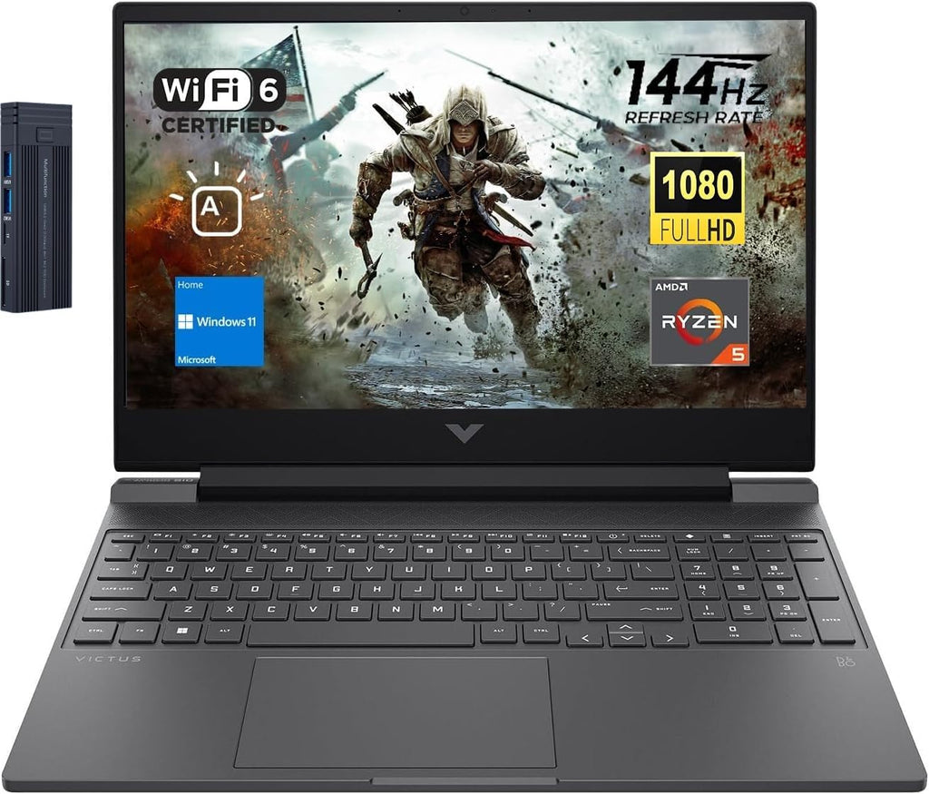 HP Victus 15.6' FHD 144Hz Gaming Laptop, AMD Ryzen 5 7535HS, Radeon RX 6550M (Beats GeForce RTX 3050), 16GB RAM 512GB SSD, Backlit Keyboard, 256gb 9H Docking Station, Windows 11 Home, Mica Silver