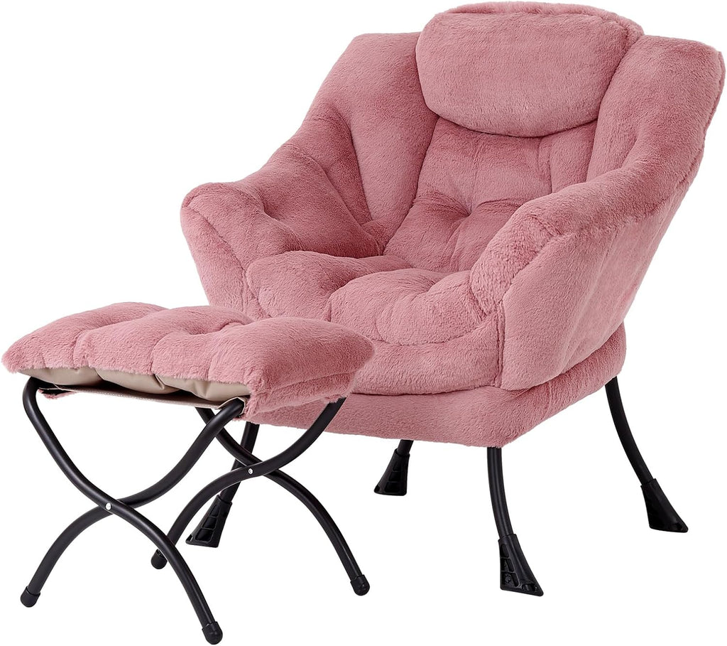 MBOOYOME Lazy Chair with Folding Ottoman, Modern Accent Armchair with Armrests and a Side Pocket & Foldable Footstool, Reading Chair for Living Room, Bedroom & Dorm, Plush Dark Pink