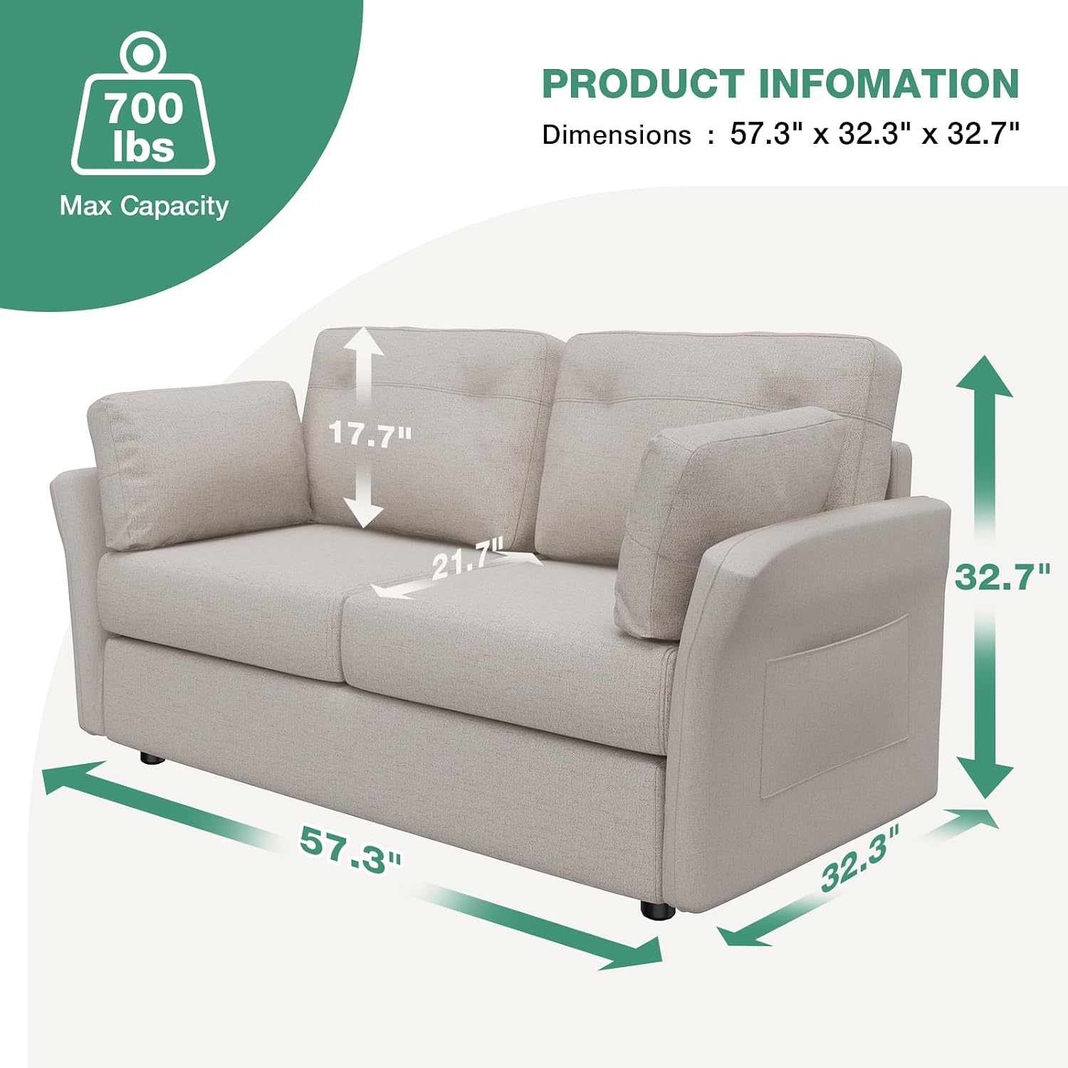 Novilla 57' Linen Loveseat - Small Sofa w/ 2 Bolster Pillows for Apartment, Easy Assembly, Beige