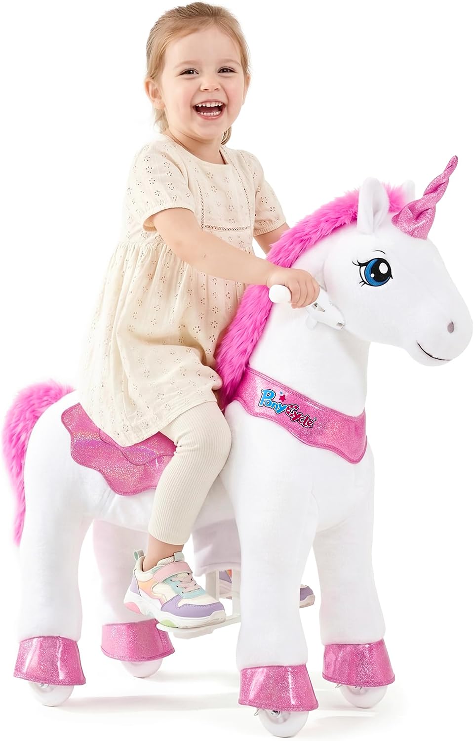 PonyCycle Ride on Unicorn Ride on Toys for Girls Riding Pink Unicorn Rocking Horse No Battery Required(with Brake/ 30' Height/Size 3 for Age 3-4) Ride-on Animals Plush Pony Toys E312