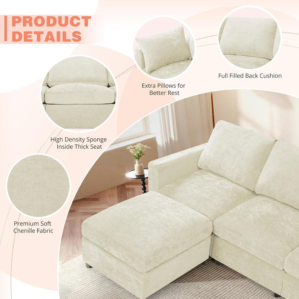 84' Chenille 3 Seats Sofa W/Movable Ottoman, Modern Fabric L-Shaped Couch with Soft Backrest, Upholstered Sectional Sofa with Armrest Pillows for Living Room, Office, Beige