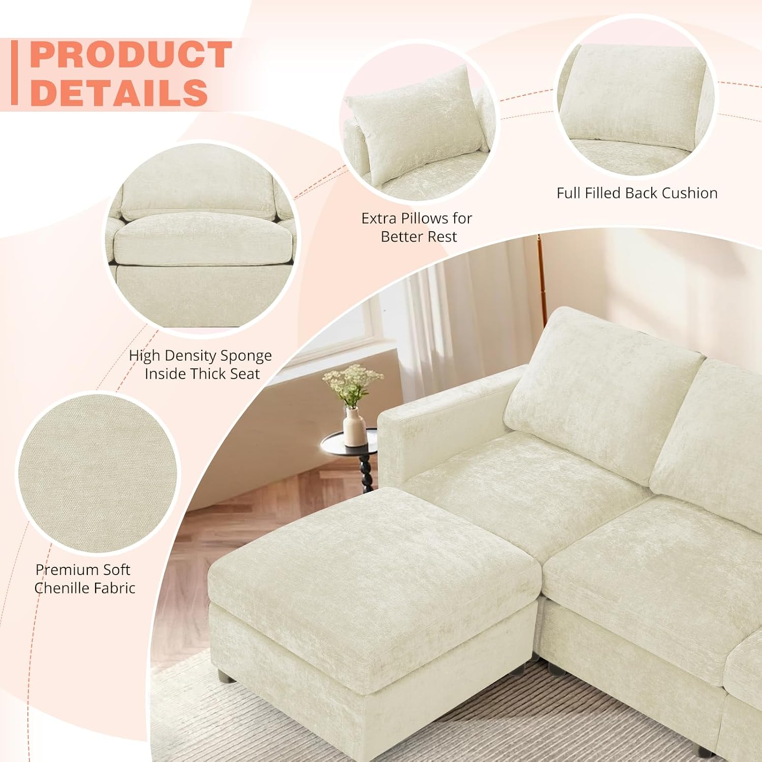 84' Chenille 3 Seats Sofa W/Movable Ottoman, Modern Fabric L-Shaped Couch with Soft Backrest, Upholstered Sectional Sofa with Armrest Pillows for Living Room, Office, Beige