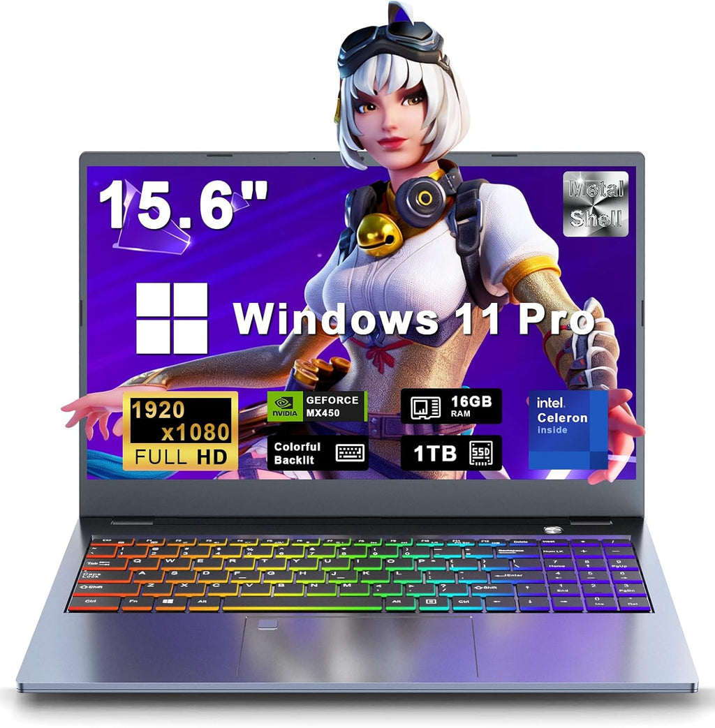 Gaming Laptop, Laptop Computer 2026, 15.6 Inch Lap Top, 16GB DDR4, 1TB SSD, MX450 TU117 GPU, N-series 4C/4T Processor, Win 11 pro, Colorful Backlit, 1080 FHD, HDMI, Wifi5, Metal Shell, Fingerprint