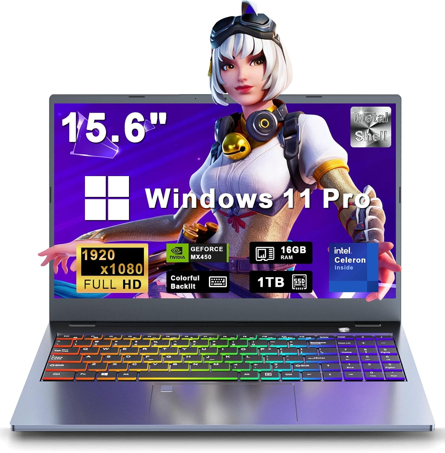 Gaming Laptop, Laptop Computer 2026, 15.6 Inch Lap Top, 16GB DDR4, 1TB SSD, MX450 TU117 GPU, N-series 4C/4T Processor, Win 11 pro, Colorful Backlit, 1080 FHD, HDMI, Wifi5, Metal Shell, Fingerprint