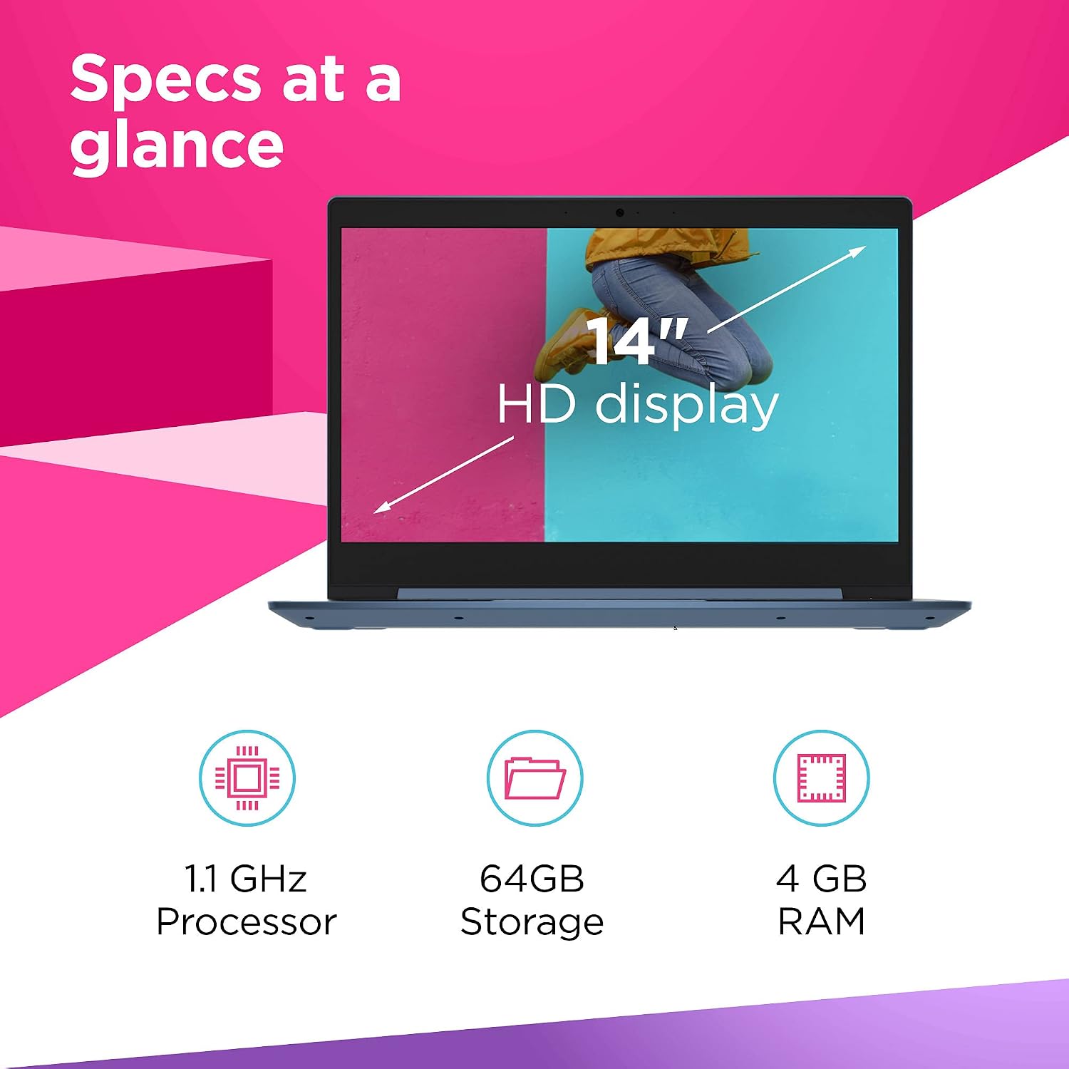 Lenovo IdeaPad 1 Laptop, 14.0' HD Display, Intel Celeron N4020, 4GB RAM, 64GB Storage, Intel UHD Graphics 600, Windows 11 in S Mode, Ice Blue