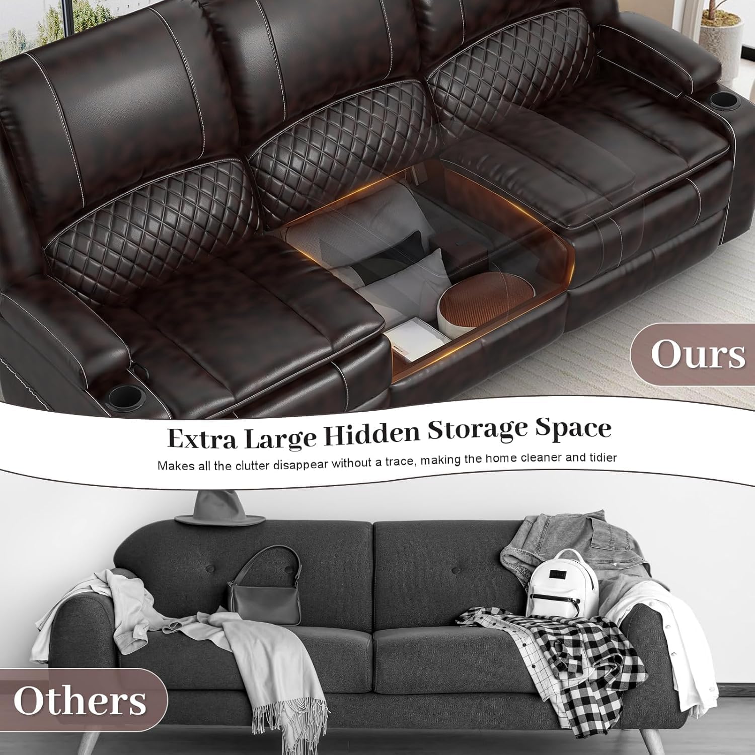 Yolsali 3-Seater Recliner Sofa, Manual Reclining Couch with Multi-Functional Middle Seat, Reclining Sofa for Living Room with Hidden Storage Space, Cup Holders, and Removable Console - PU Brown