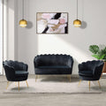 HULALA HOME 3 Piece Velvet Living Room Furniture Set, Including Loveseat & 2 Sofa Chairs, Modern Comfy Upholstered 2-Seater Sofa & Accent Chair Set for Bedroom, Flower Shaped Back & Gold Legs, Black