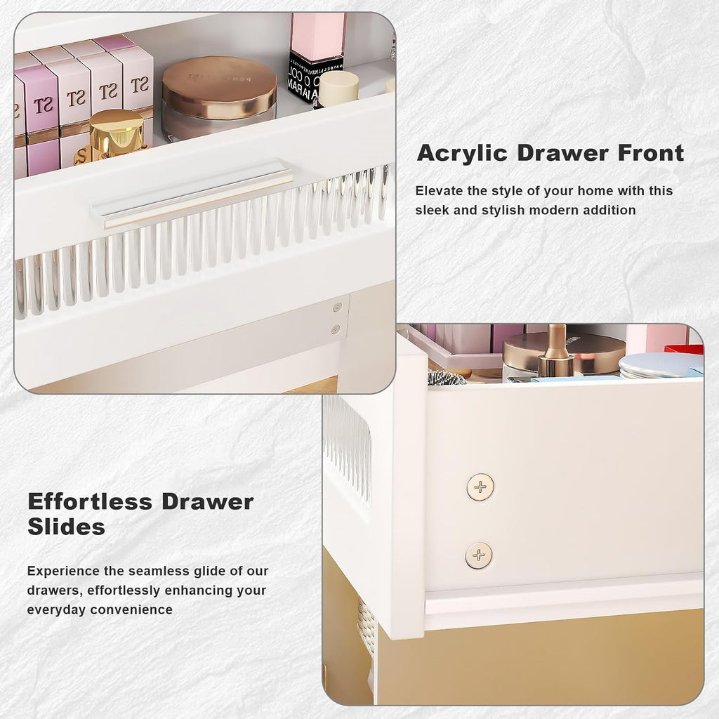 Hadulcet 35.5' Small Vanity Desk with Mirror and Lights, White LED Makeup Vanity Desk with 2 Acrylic Drawers, 6 Storage Shelves and Power Outlets for Girls Women Dressing Room