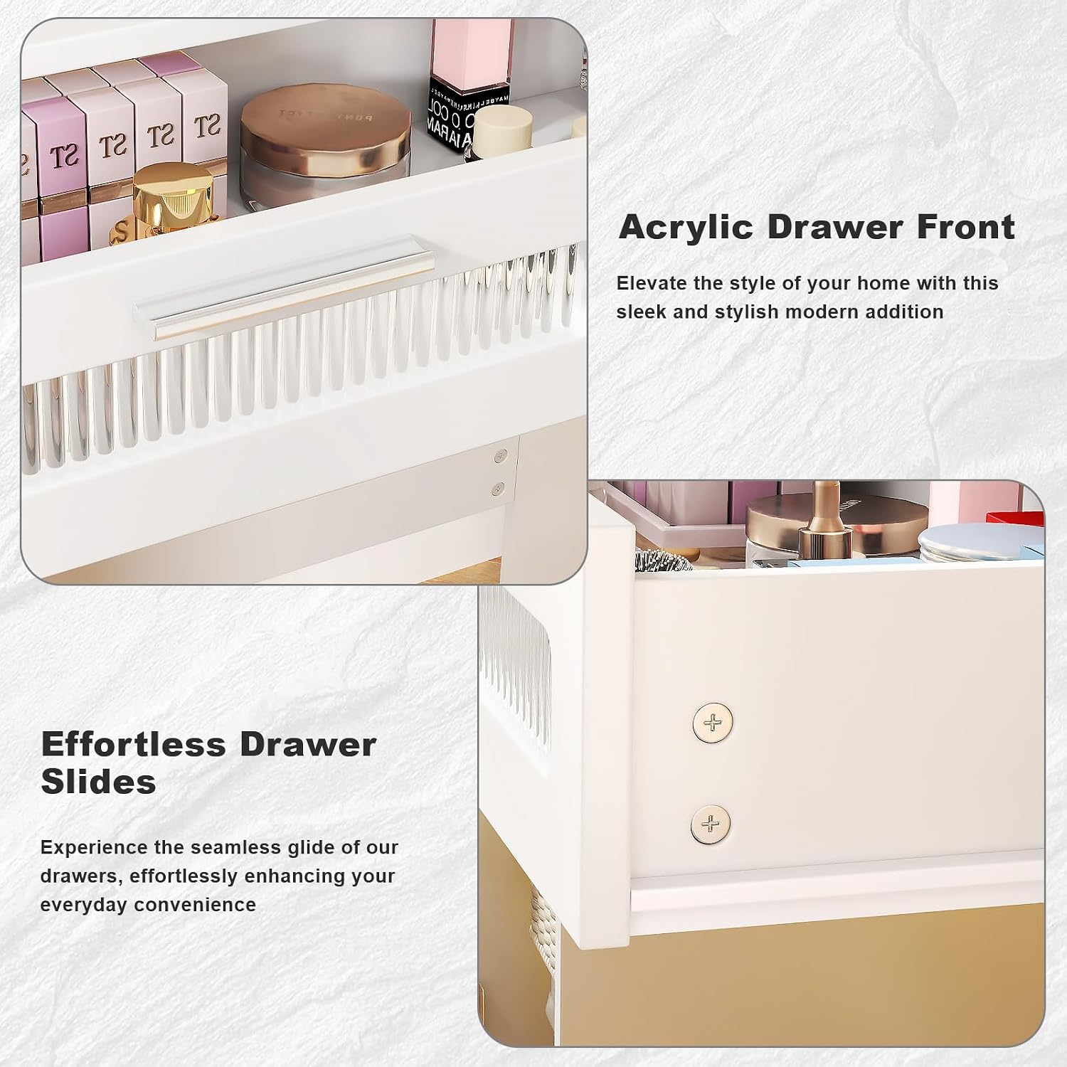 Hadulcet 35.5' Small Vanity Desk with Mirror and Lights, White LED Makeup Vanity Desk with 2 Acrylic Drawers, 6 Storage Shelves and Power Outlets for Girls Women Dressing Room
