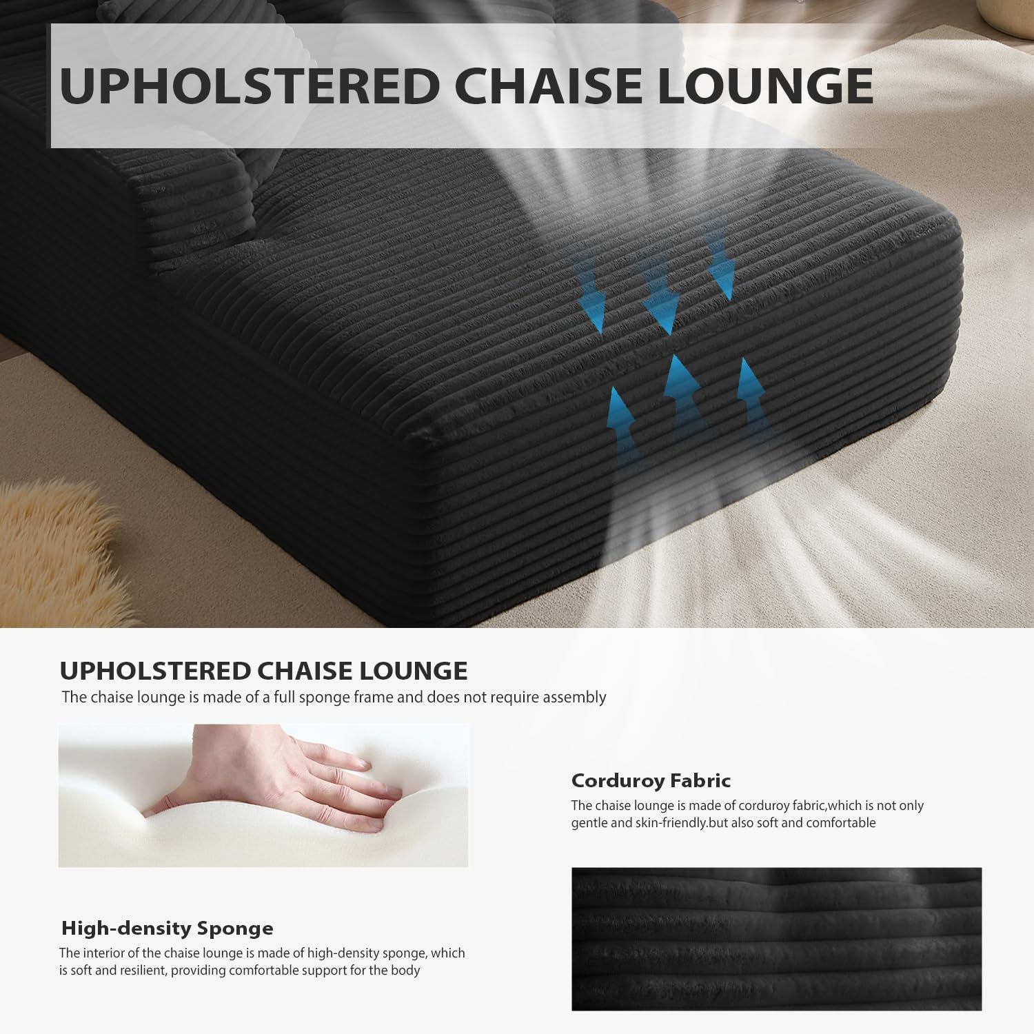 50 Inches Chaise Lounge Indoor, Oversized Chaise Lounge Chair with 3 Throw Pillows and Armrests, Corduroy Upholstered Plush Sofa Bed Lazy Chair Bed Sleeper Chair for Living Room Apartment (Black)