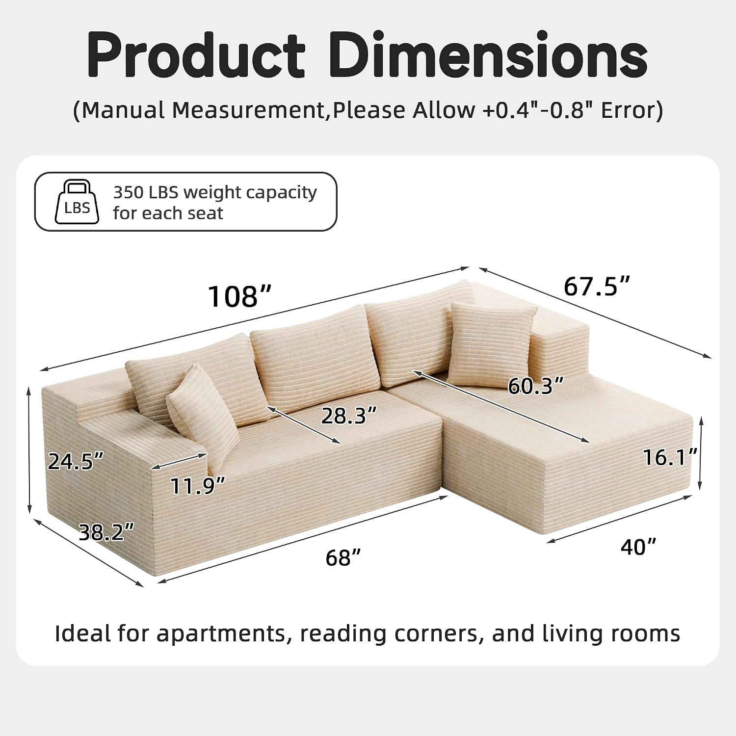 Bashaw 108' Modular Sectional Sofa Couches with Chaise, L-Shape Boneless Couch Deep Seat Upholstered Boneless Sectional Couch for Living Room (Beige, 108' Right Facing Chaise)
