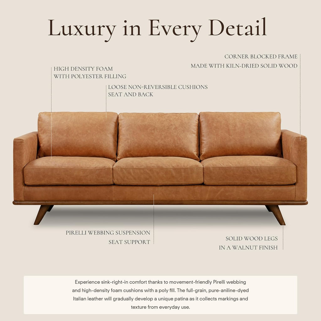 POLY & BARK Nolita 85' Leather Sofa – Full-Grain Italian Aniline Leather, Feather-Down Comfort, Solid Wood Base – Cognac Tan