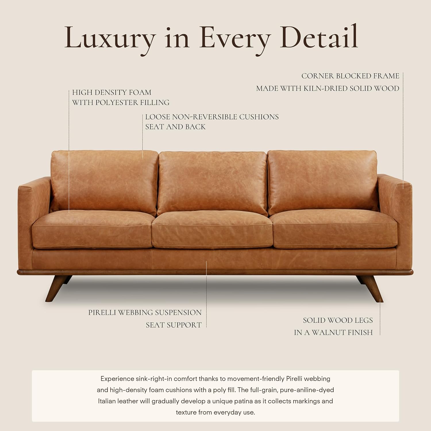 POLY & BARK Nolita 85' Leather Sofa – Full-Grain Italian Aniline Leather, Feather-Down Comfort, Solid Wood Base – Cognac Tan
