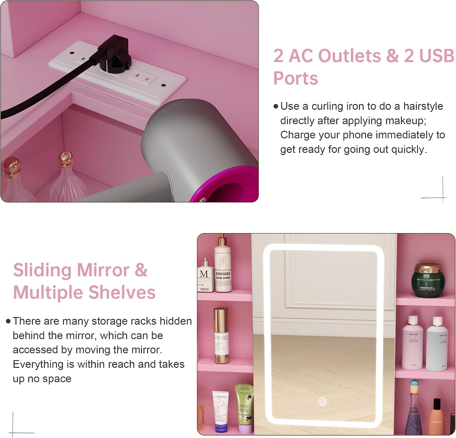 Hadulcet Pink Vanity Desk with Mirror and Lights, 35.5' Small LED Makeup Vanity Desk with 2 Acrylic Drawers, 6 Storage Shelves and Power Outlets for Girls Women Bedroom Dressing Room