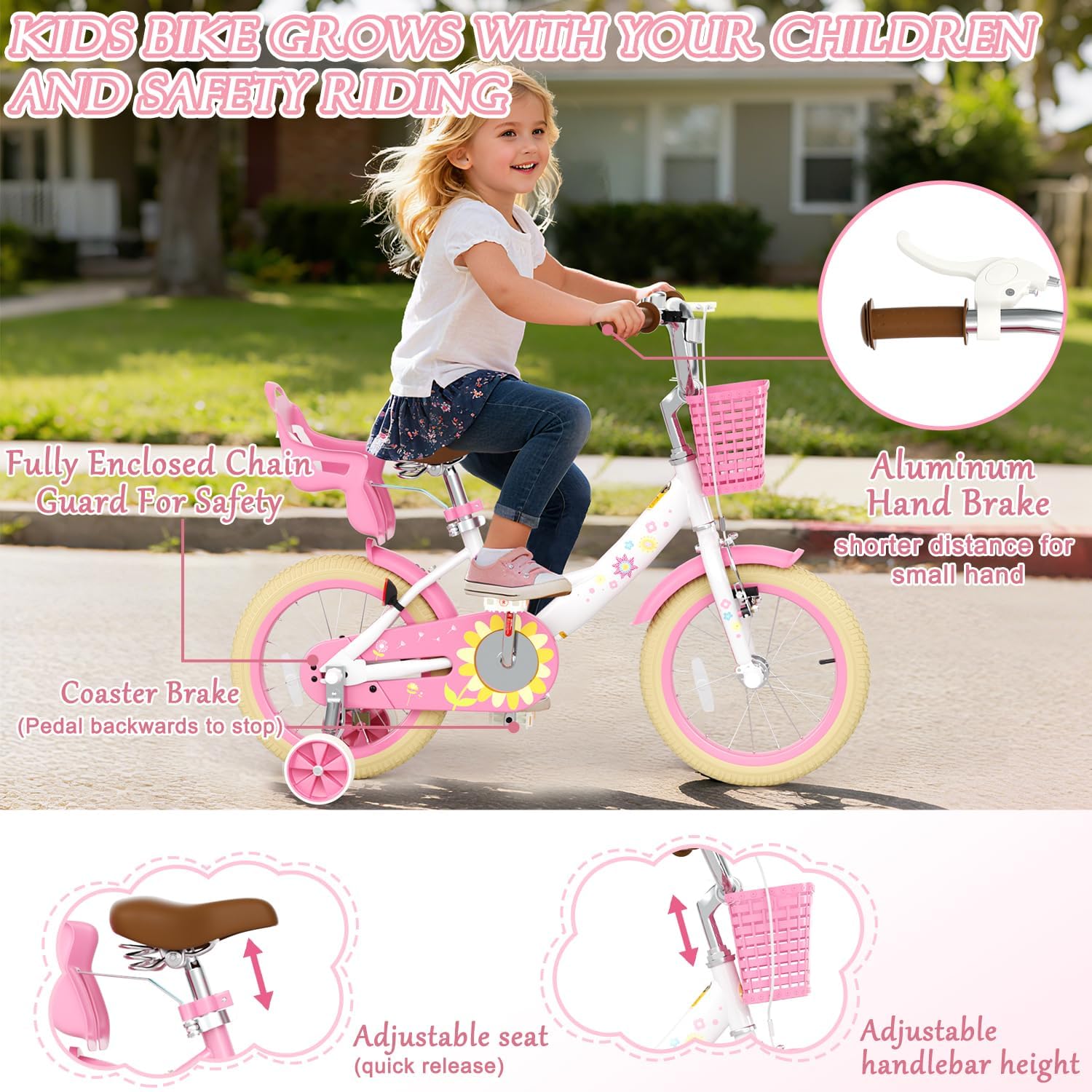Glaf Toddler Bike 12 14 16 20 Inch Girls Bike with Training Wheels Kids Bike for 2-12 Year Old with Doll Seat & Basket