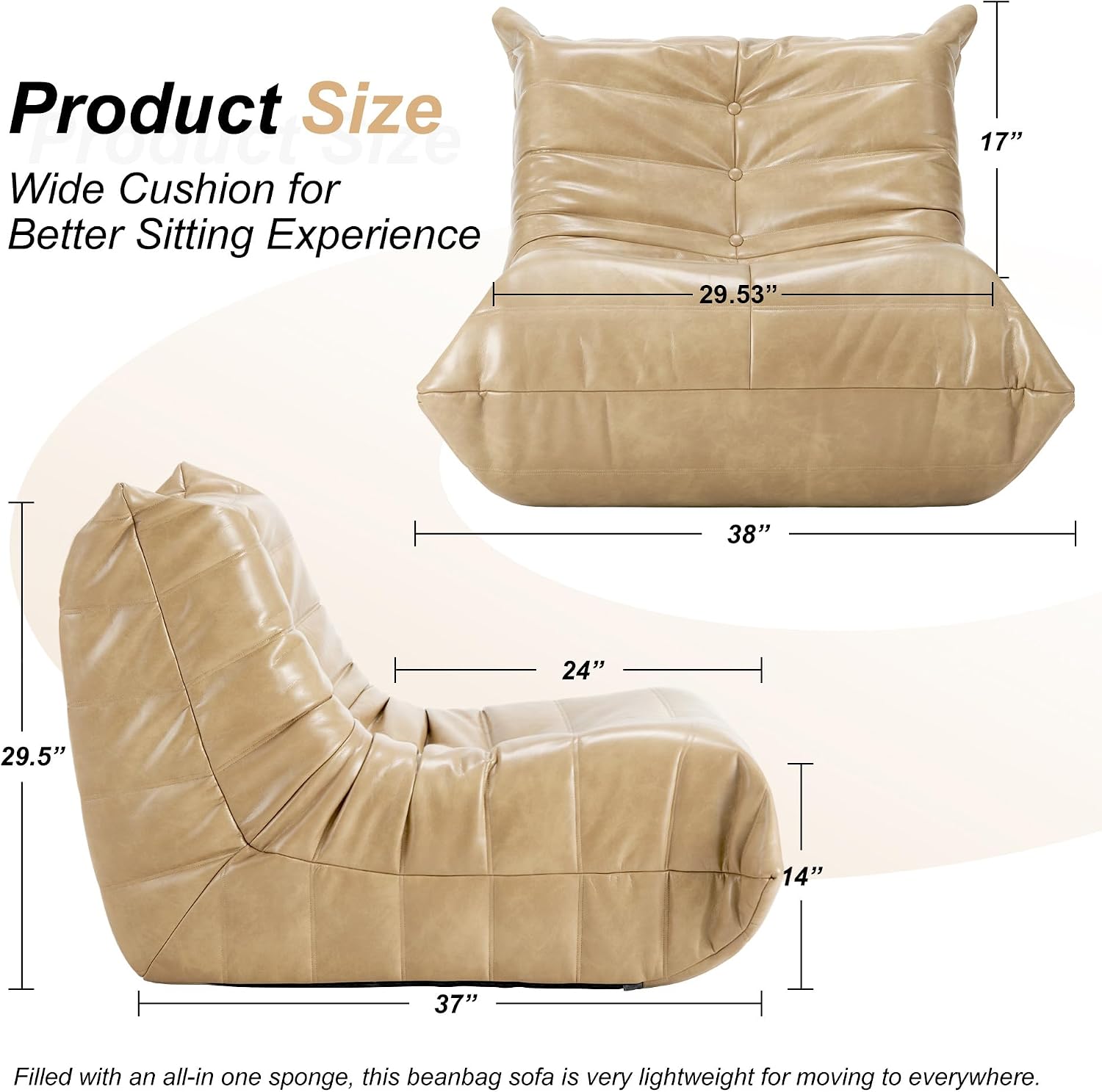 Hobestluk Giant Bean Bag Chair Lazy Floor Sofa, Memory Foam Fireside Sofa for Adults, Big Beanbag Faux Leather Armless Chair for Living Room Bedroom Dorm Office (Khaki, Single)