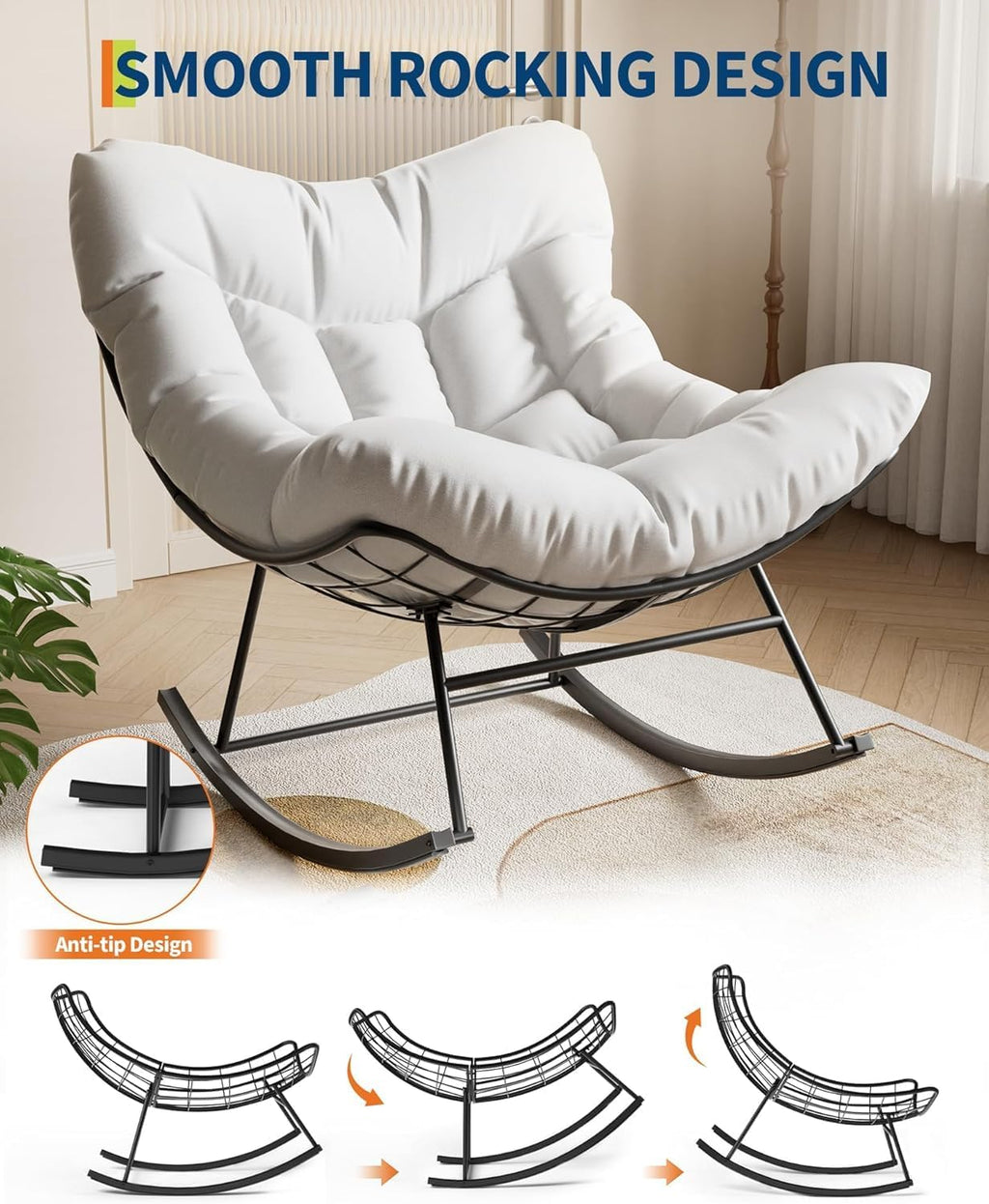 GarveeHome Outdoor Papasan Rocking Chair Oversized Patio Rocker with Sturdy Metal Frame Rattan Egg Style for Balcony Backyard Porch 40 * 28 * 34In White