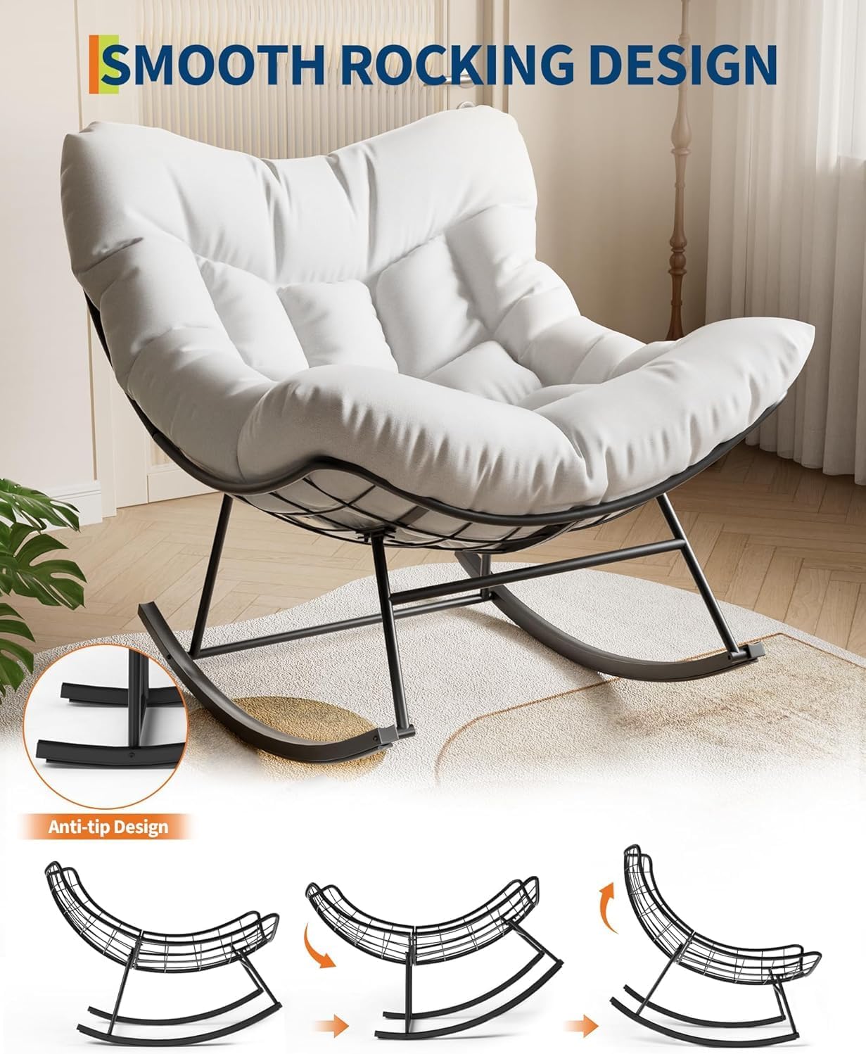 GarveeHome Outdoor Papasan Rocking Chair Oversized Patio Rocker with Sturdy Metal Frame Rattan Egg Style for Balcony Backyard Porch 40 * 28 * 34In White