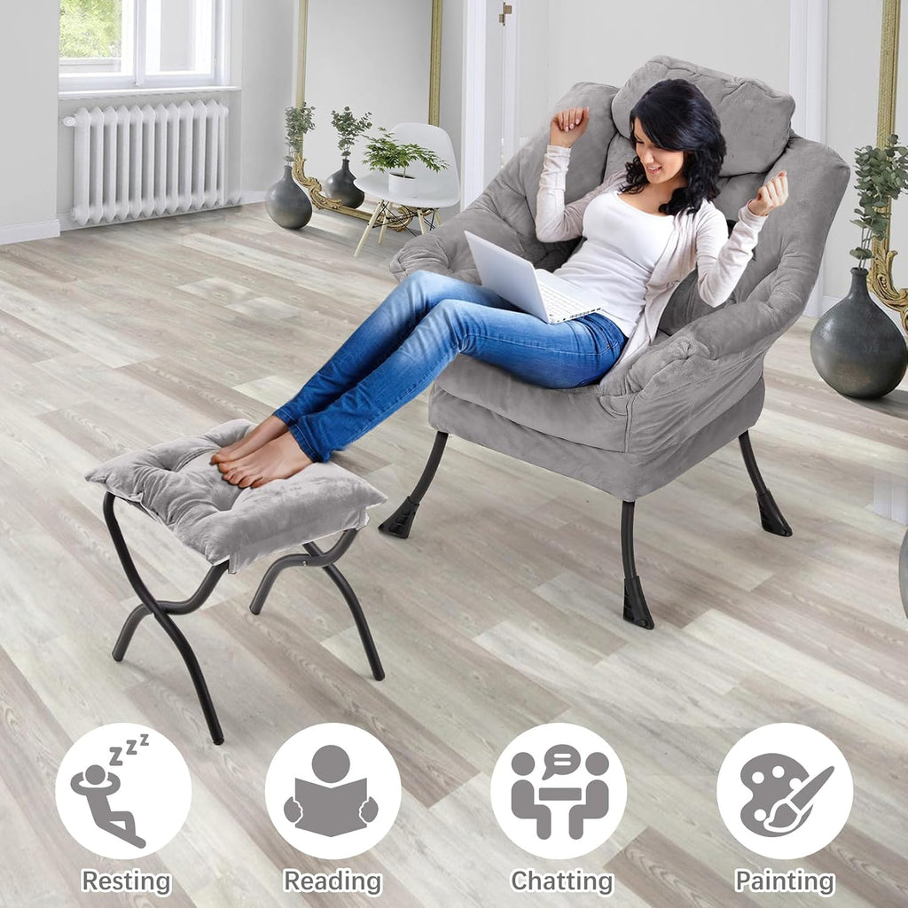 Lazy Chair with Folding Ottoman,Leisure Sofa Chair,Soft Fabric Armchair with Armrests and Side Pockets, Reading Chair with Footrest for Living Room, Bedroom, Office (Plush Light Grey)