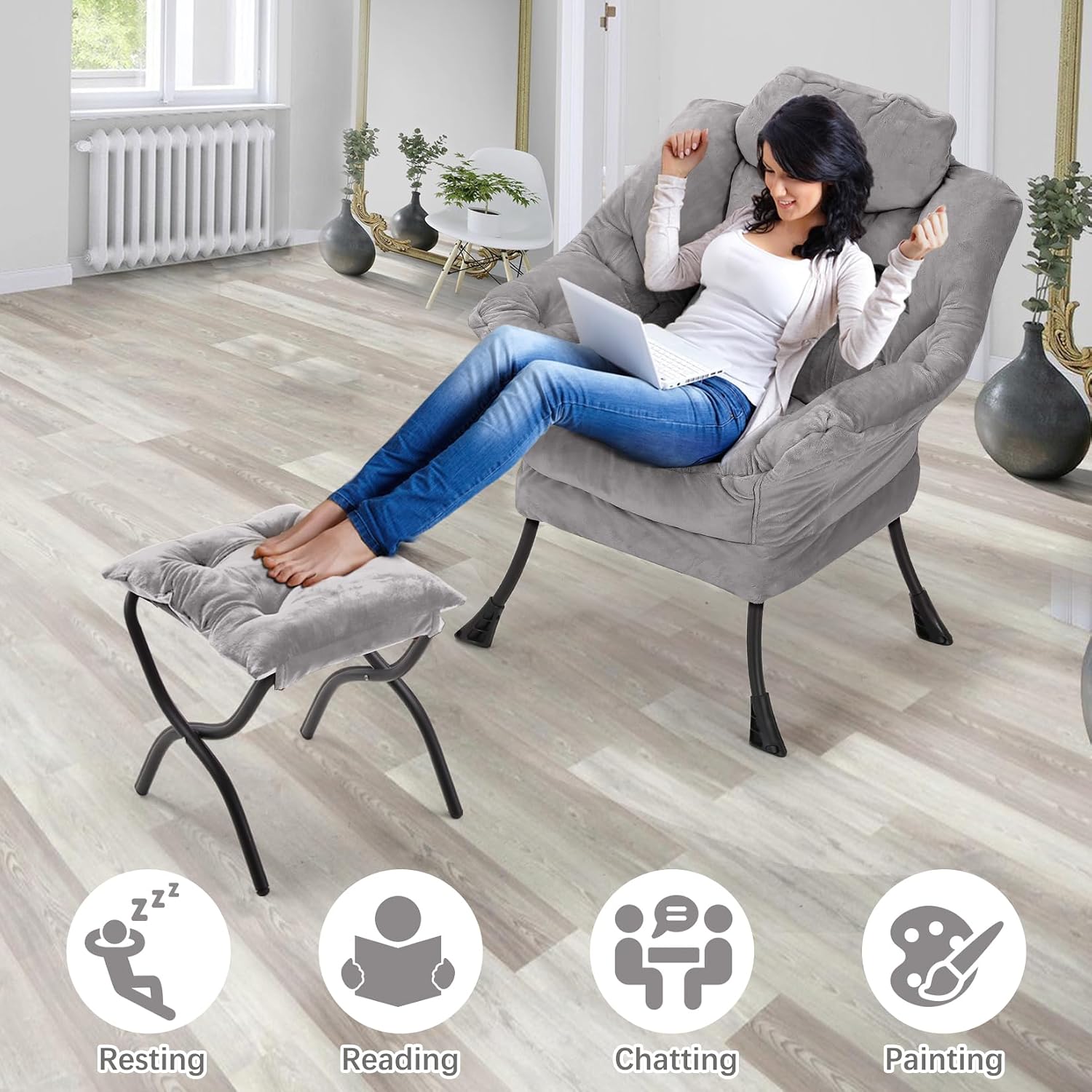 Lazy Chair with Folding Ottoman,Leisure Sofa Chair,Soft Fabric Armchair with Armrests and Side Pockets, Reading Chair with Footrest for Living Room, Bedroom, Office (Plush Light Grey)