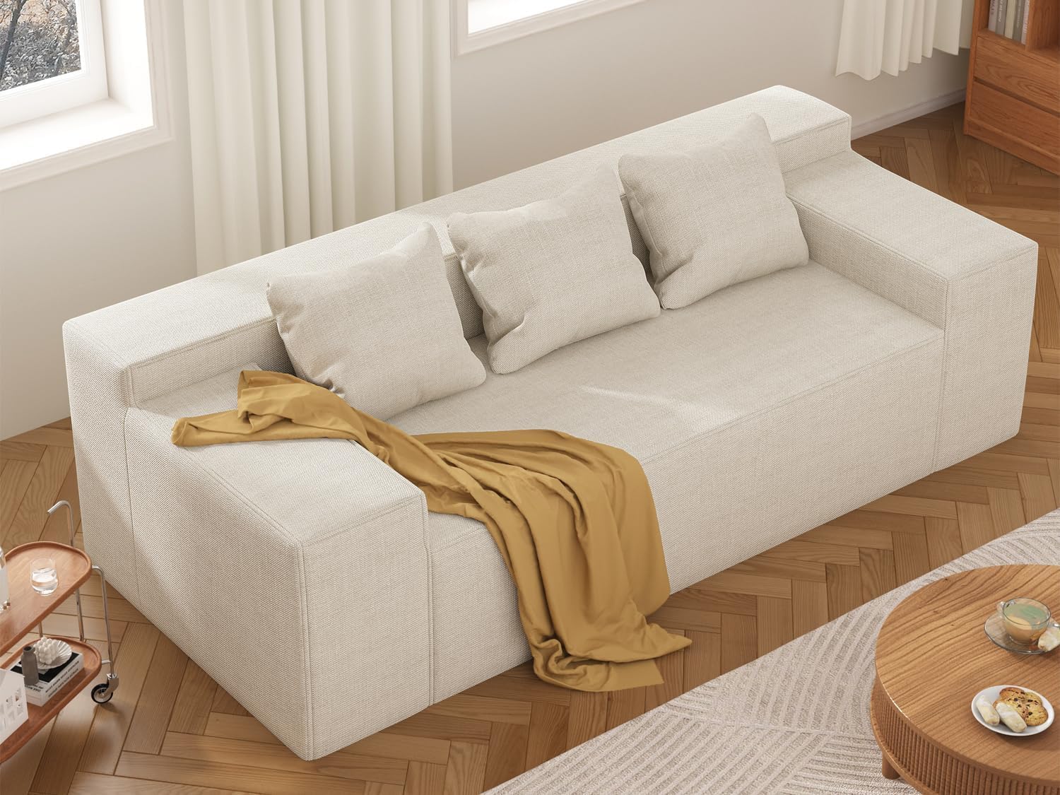PurrJoys Modular Sectional Sofa, 3 Seater 105' Deep Seat Corduroy Lounge Sofa with Movable Cushions, Modular Couch for Small Spaces, Living Room, Bedroom, Apartment, Office - Beige