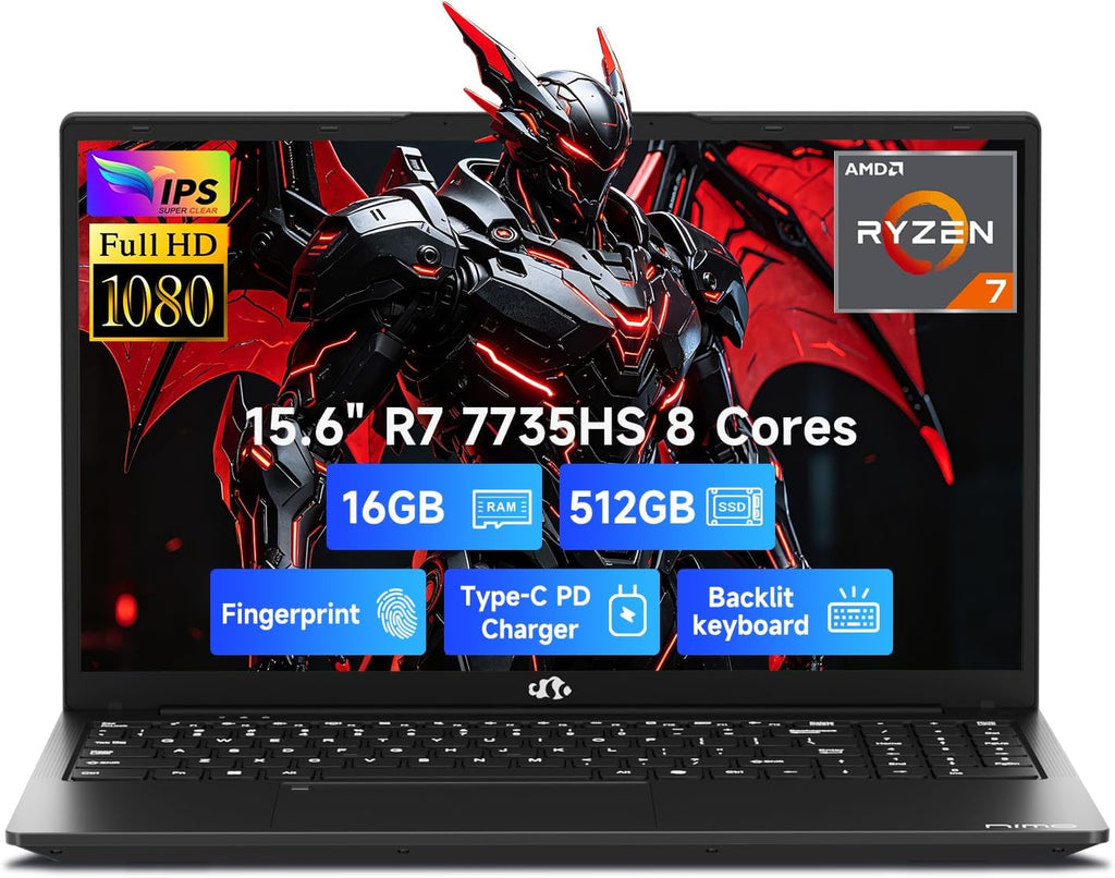 NIMO 15.6' Laptop, AMD Ryzen 7 7735HS (Up to 4.75GHz), 16GB DDR5 RAM 512GB SSD, Radeon 680M Graphics, Win 11 FHD IPS Backlit Keyboard Fingerprint Reader, Computer with 100W PD Fast Charging