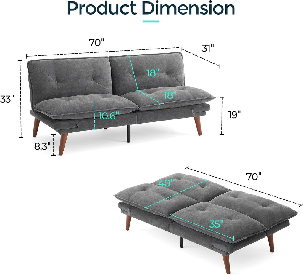 LINSY HOME Futon Sofa Bed, 70' Futon Couch with Adjustable Backrest and Armrest, Comfy Loveseat Convertible Folding Sleeper Sofa Couches for Small Spaces Living Rooms Apartment Office
