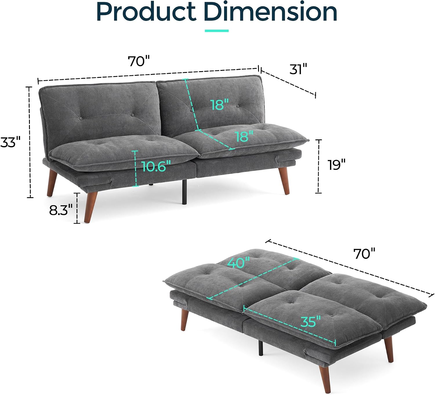 LINSY HOME Futon Sofa Bed, 70' Futon Couch with Adjustable Backrest and Armrest, Comfy Loveseat Convertible Folding Sleeper Sofa Couches for Small Spaces Living Rooms Apartment Office