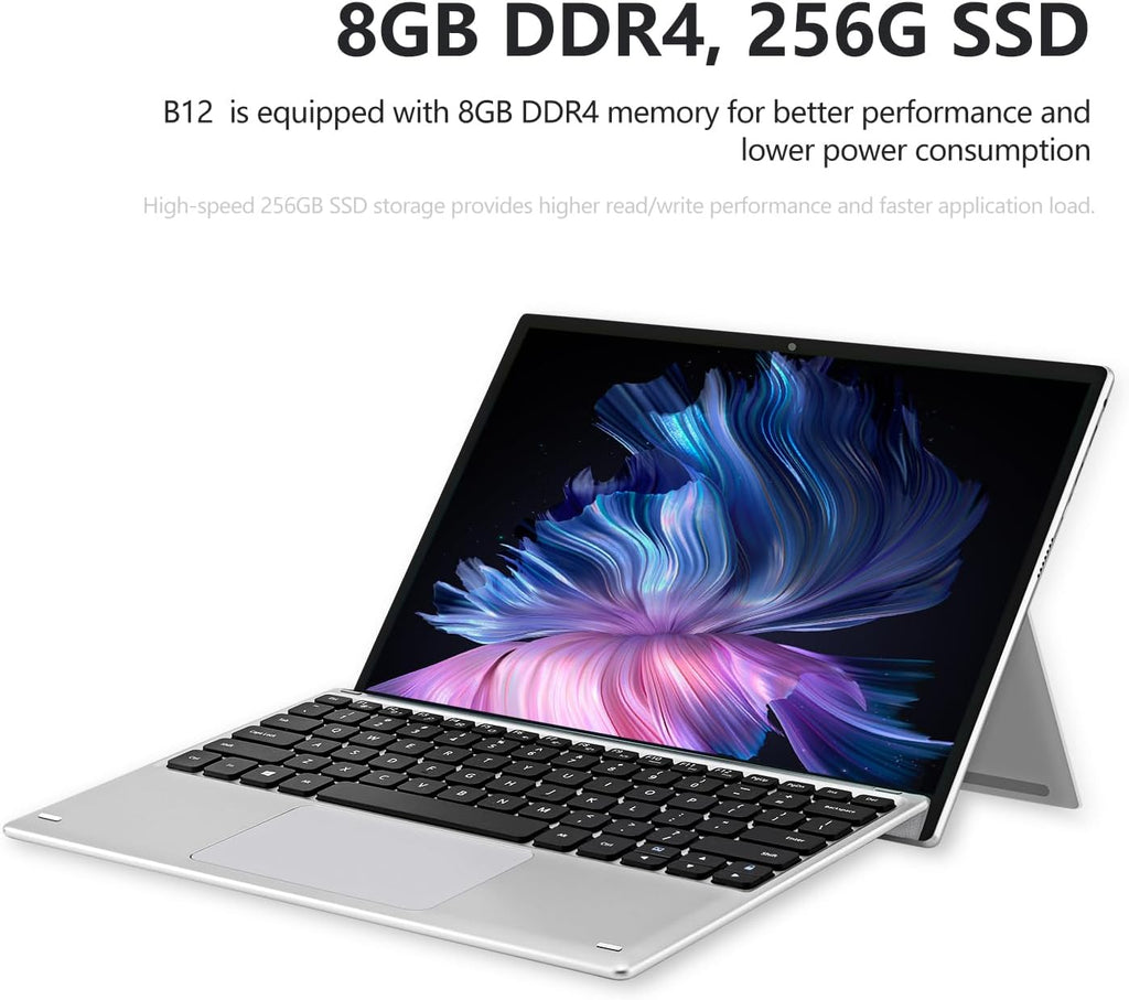 VGKE 2-in-1 Touch Screen Laptop, 12.3' 3K IPS Tablet PC with Magnetic Keyboard, Celeron J4125, Up to 2.7Ghz, 8GB RAM, 256GB SSD, USB Type-C, Webcam, Silver