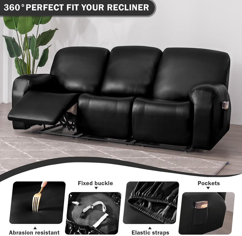 vctops 8 Pieces Waterproof Faux PU Leather Recliner Sofa Covers Stretch Soft 3 Seats Couch Cover Anti-Slip Sofa Slipcover Furniture Protector with Elastic Bottom for Kids Pet(Black,3 Seat)