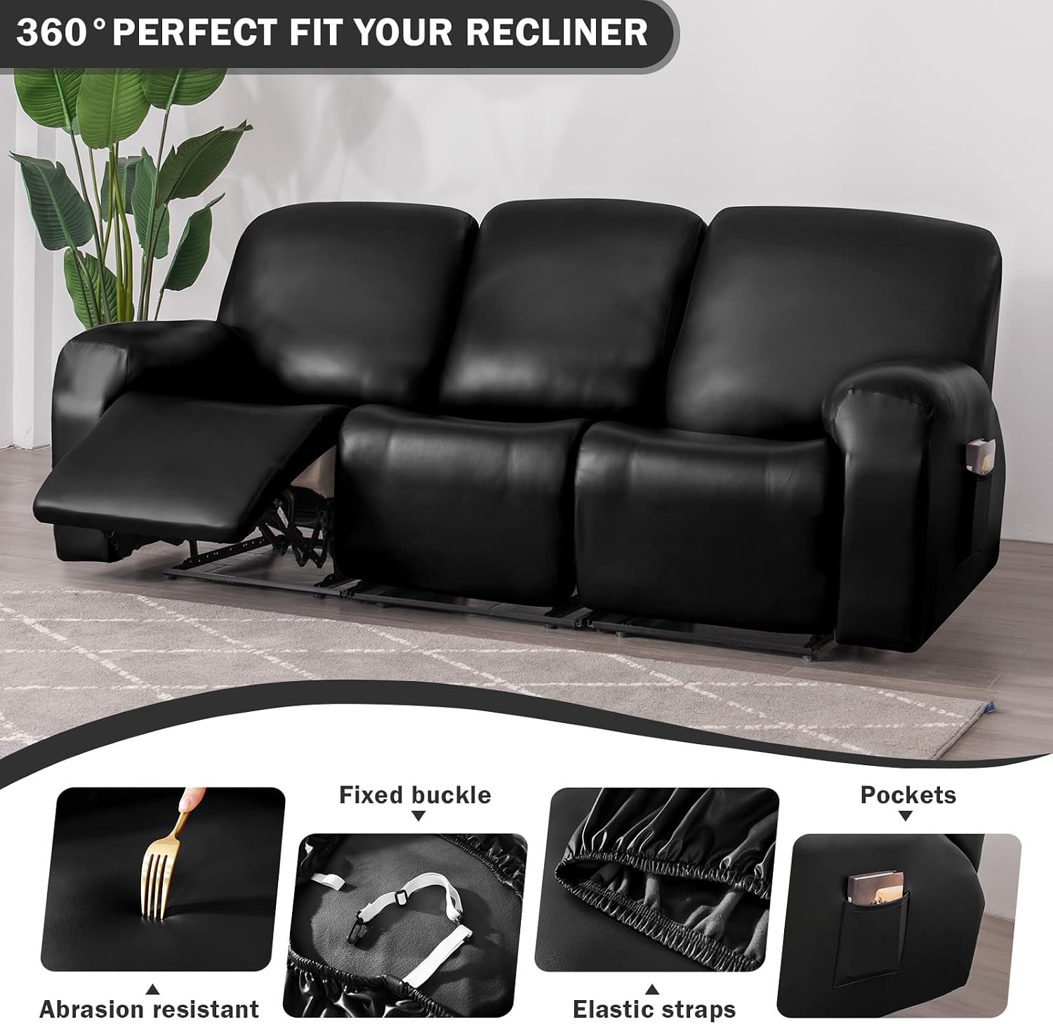 vctops 8 Pieces Waterproof Faux PU Leather Recliner Sofa Covers Stretch Soft 3 Seats Couch Cover Anti-Slip Sofa Slipcover Furniture Protector with Elastic Bottom for Kids Pet(Black,3 Seat)