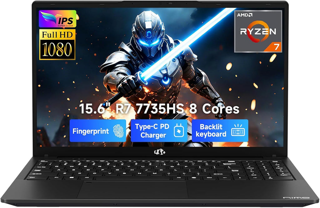 NIMO 15.6' FHD IPS Gaming Laptop, AMD Ryzen 7 7735HS 16GB DDR5 RAM 512GB SSD (8C/16T, Beat i7-12650H) Radeon 680M Graphics, Backlit Keyboard, Fingerprint, 100W PD Computer for Business & Student