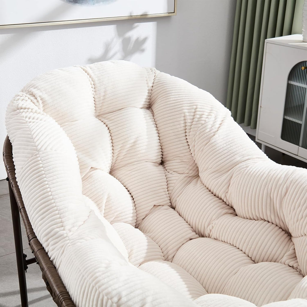 JEEOHEY Papasan Rocking Chairs Outdoor Indoor, Oversized Rattan Rocker Patio Chair with Padded Cushion, Comfy Modern Indoor Egg Chair for Living Room, Bedroom, Porch, Garden, Balcony(Corduroy, White)