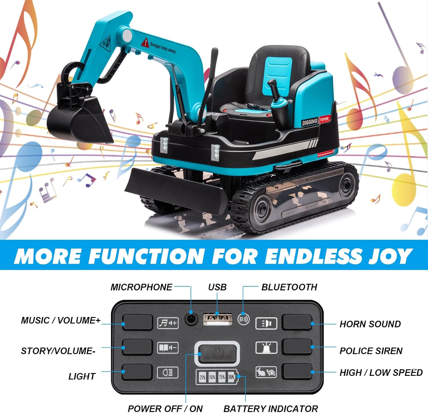 JOYLDIAS 360 Degree Rotating Ride On Excavator and Bulldozer,12V12AH Battery Powered Ride On Toy Backhoe W/Track Design Wheels for All Terrain,Remote Control,MP3,Toolbox for Kids,Parent,Blue