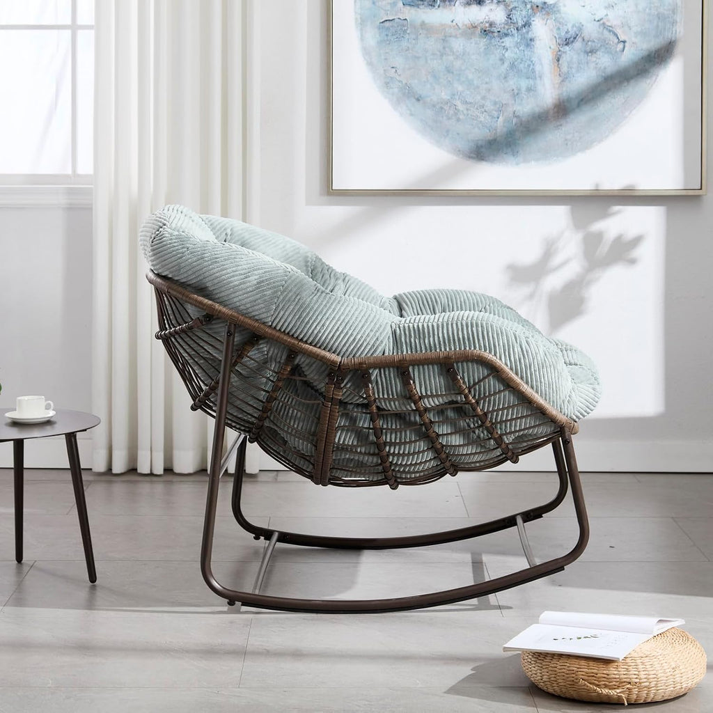 Outside Rattan Rocking Chair with Wicker Cushion, Oversized Lounge Papasan Chair, Outdoor Camping Chairs Patio Furniture for Garden, Balcony, Front Porch & Living Room, Olive2