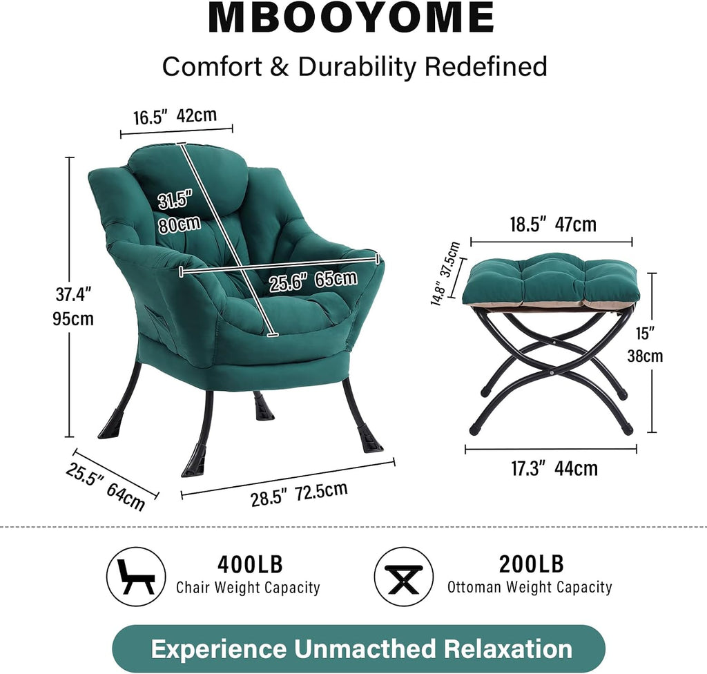 MBOOYOME Lazy Chair with Folding Ottoman, Modern Accent Armchair with Armrests and a Side Pocket & Foldable Footstool, Reading Chair for Living Room, Bedroom, Dorm & Office, Dark Green