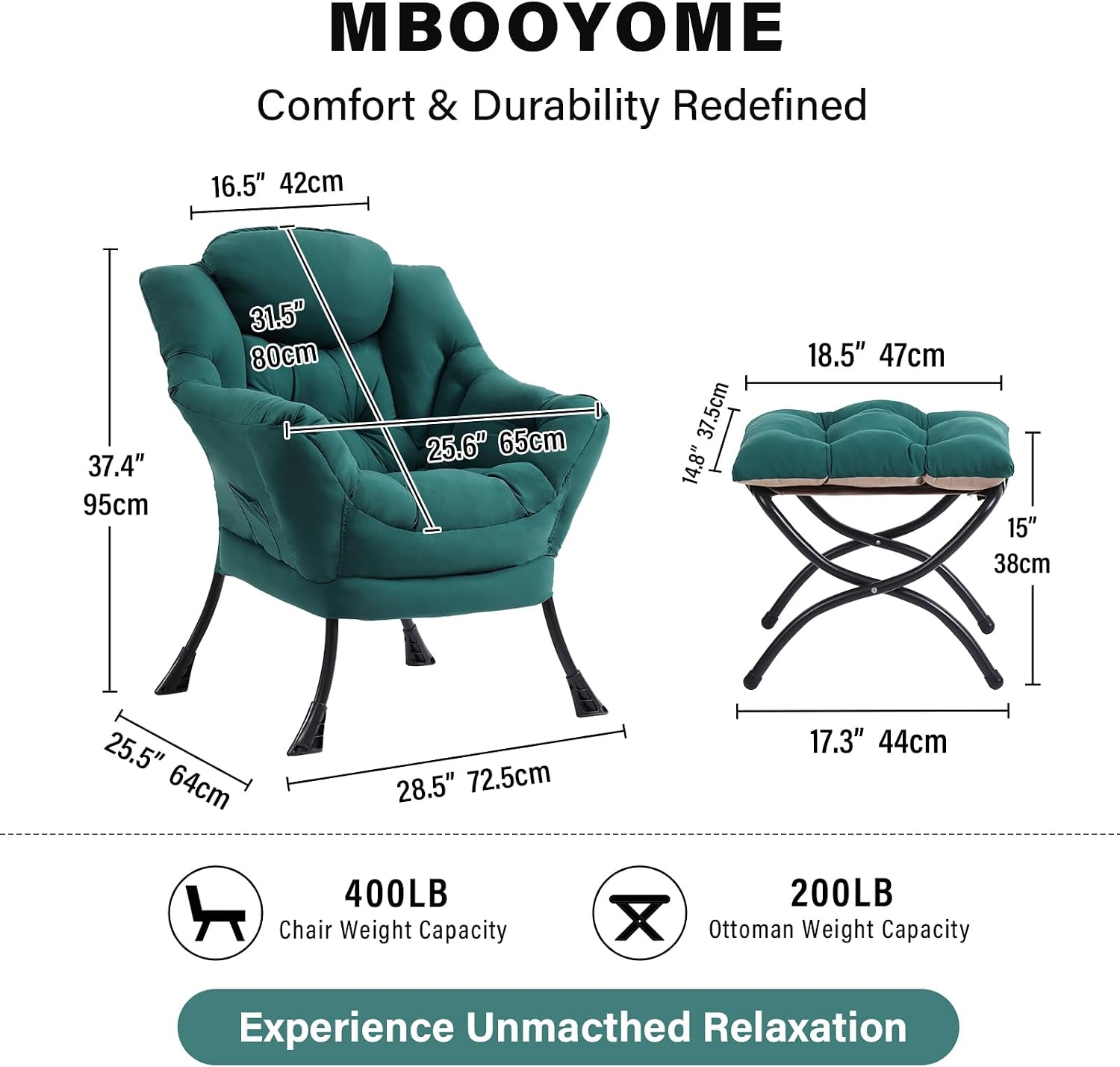 MBOOYOME Lazy Chair with Folding Ottoman, Modern Accent Armchair with Armrests and a Side Pocket & Foldable Footstool, Reading Chair for Living Room, Bedroom, Dorm & Office, Dark Green