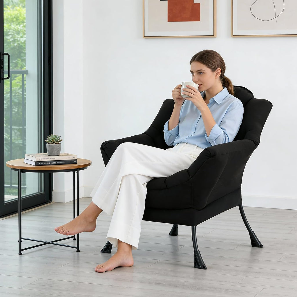 MBOOYOME Lazy Chair, Modern Soft Reading Chair Accent Contemporary Sofa Chair with Armrests and a Side Pocket for Living Room, Bedroom, Dorm & Office, Black